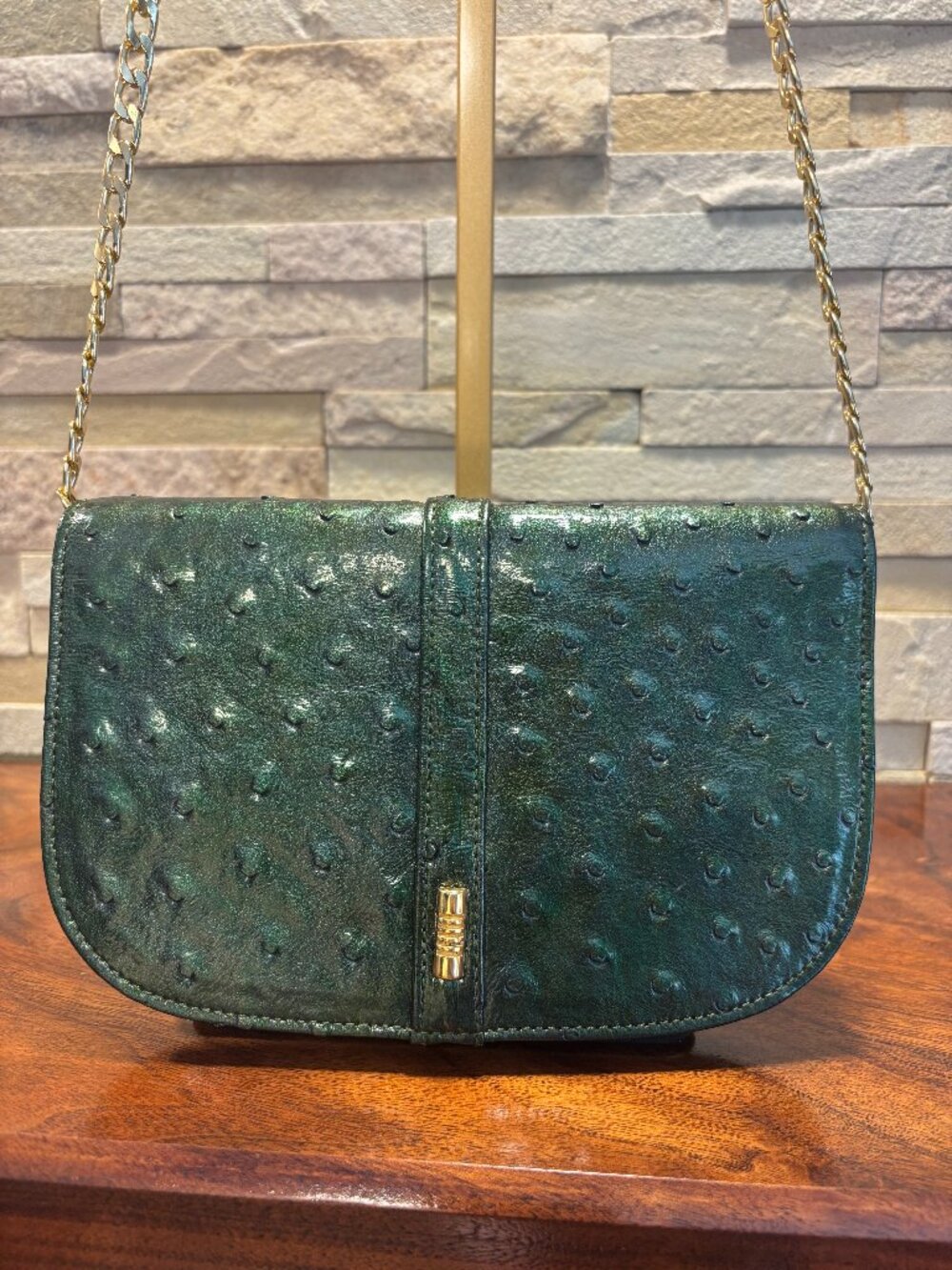 VINTAGE JRA Genuine Ostrich Leather Clutch Wallet Green ATOLL Made in Japan NOS